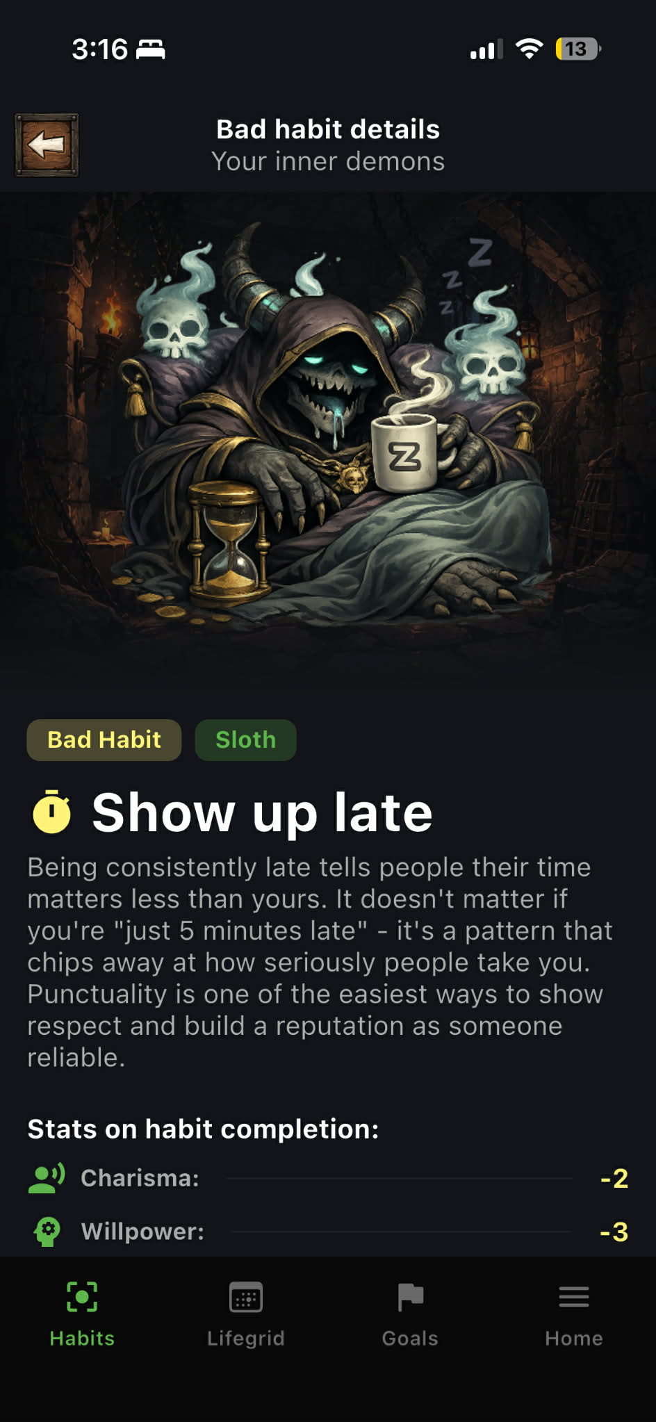 Demon detail page showing level, HP bar, sin lore, and a qualitative power description