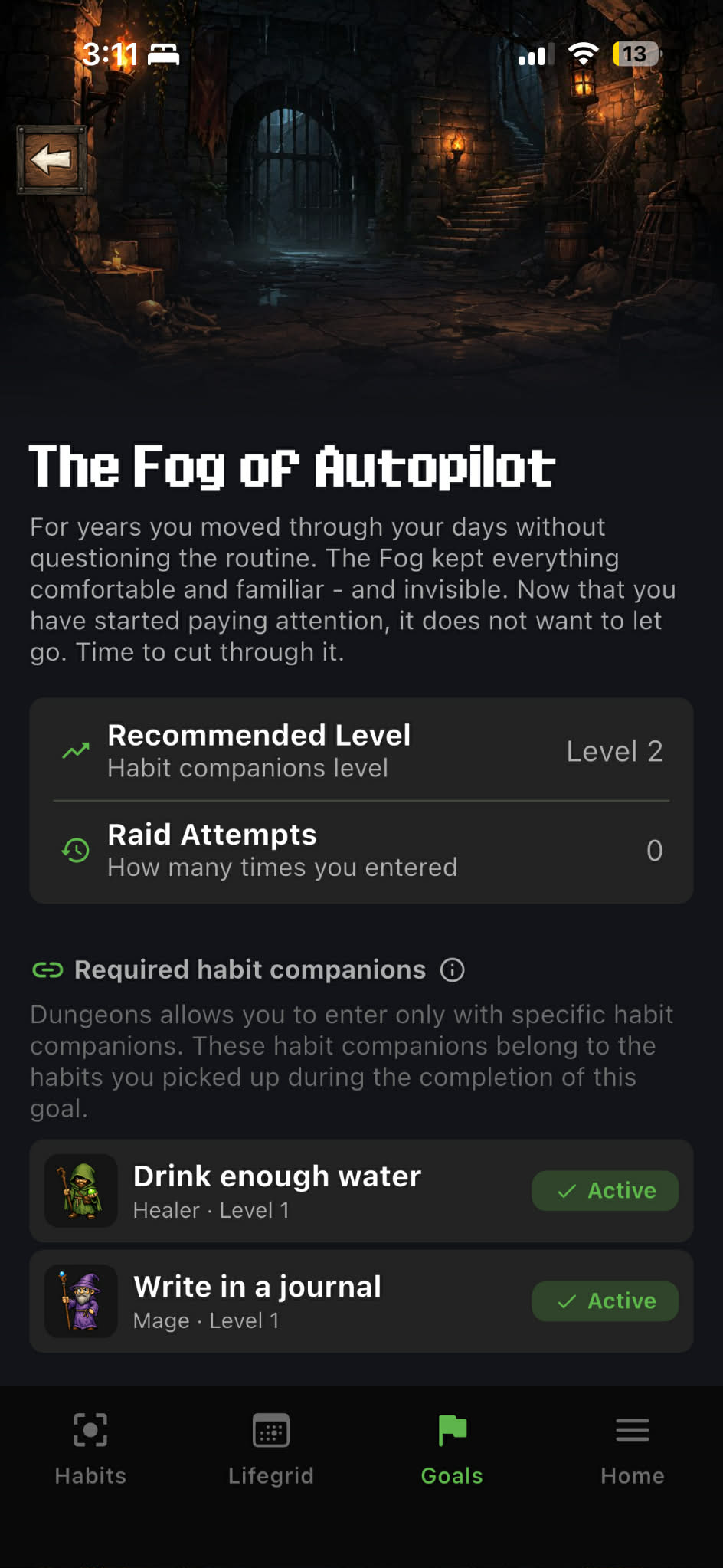 Dungeon detail page showing the dungeon's name, description, recommended level, required habits list, and entry action