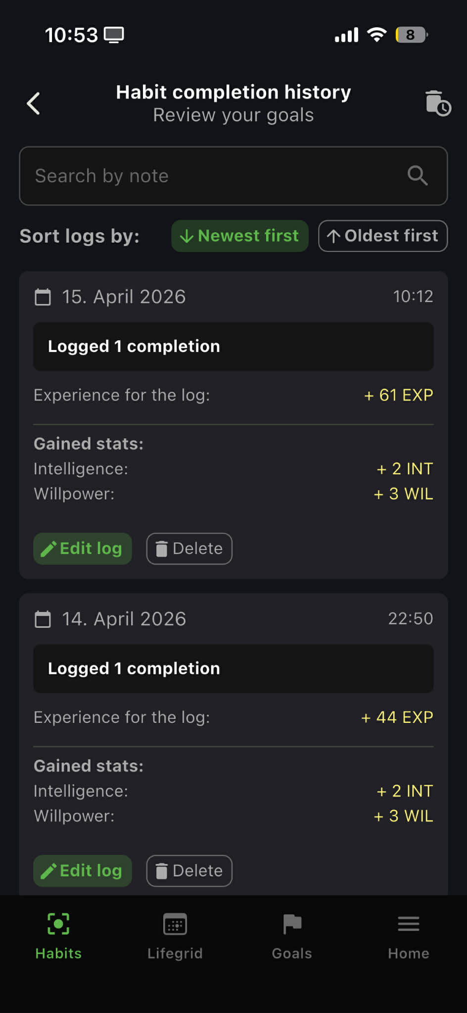 Completion history view for a habit showing recent logs with timestamps, values, and notes