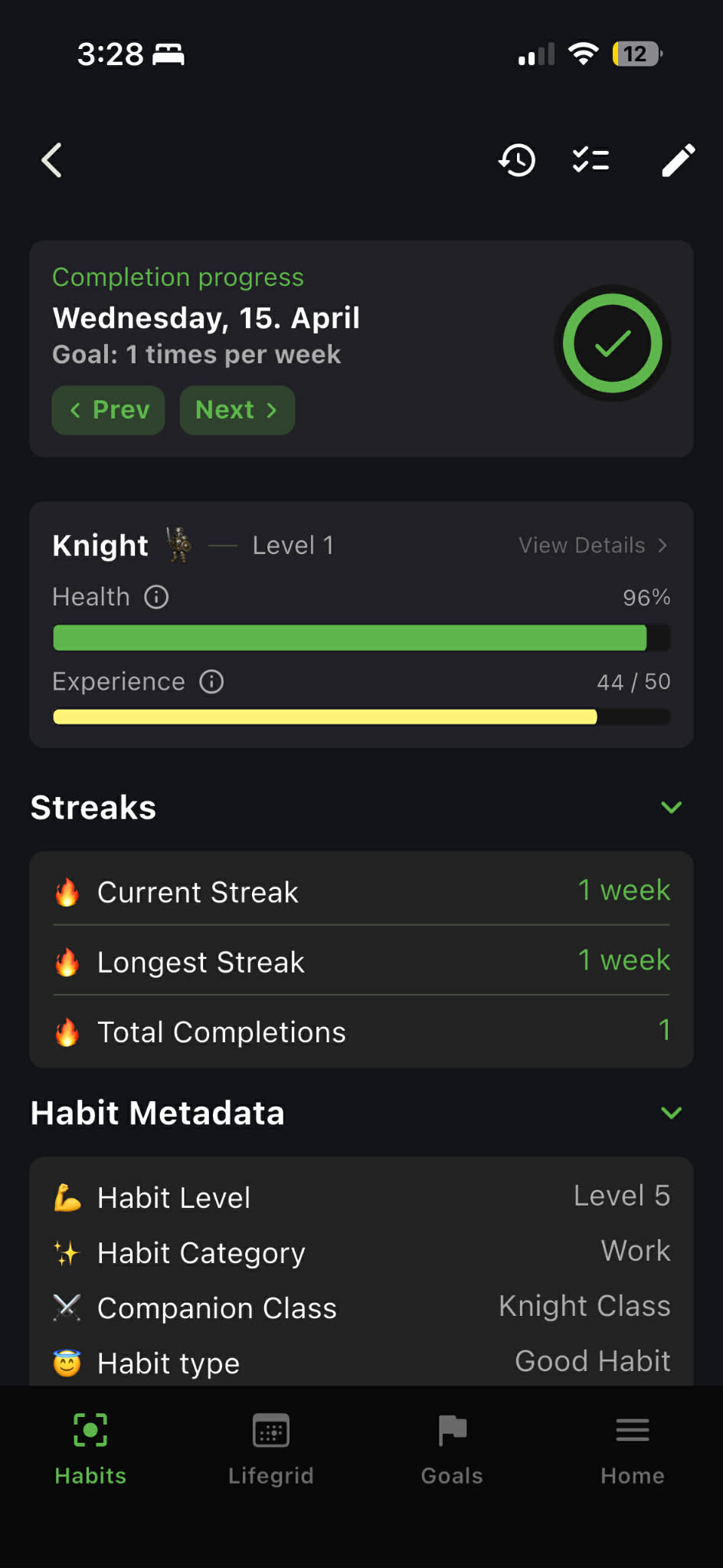 Habit detail page showing the habit name, HP bar, soldier level, current streak, and recent completion history