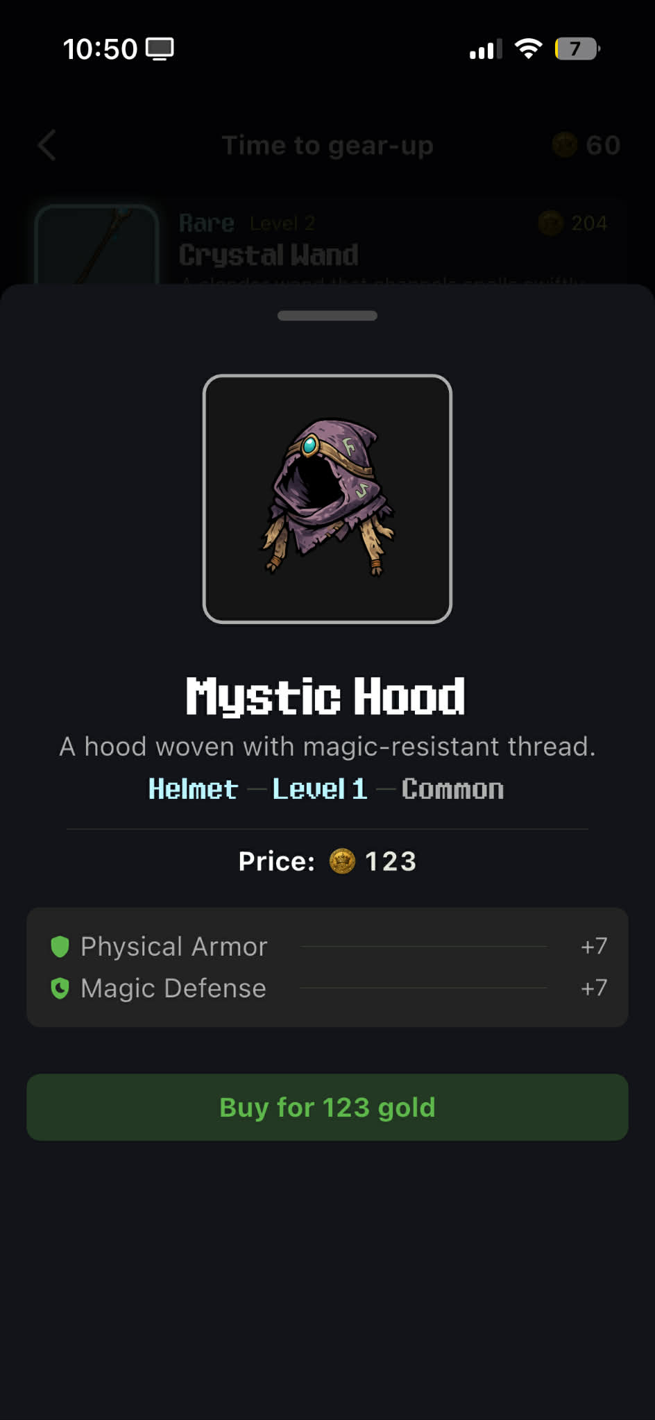 Item detail sheet showing the item's name, rarity, level, base stats and bonus stats, and price