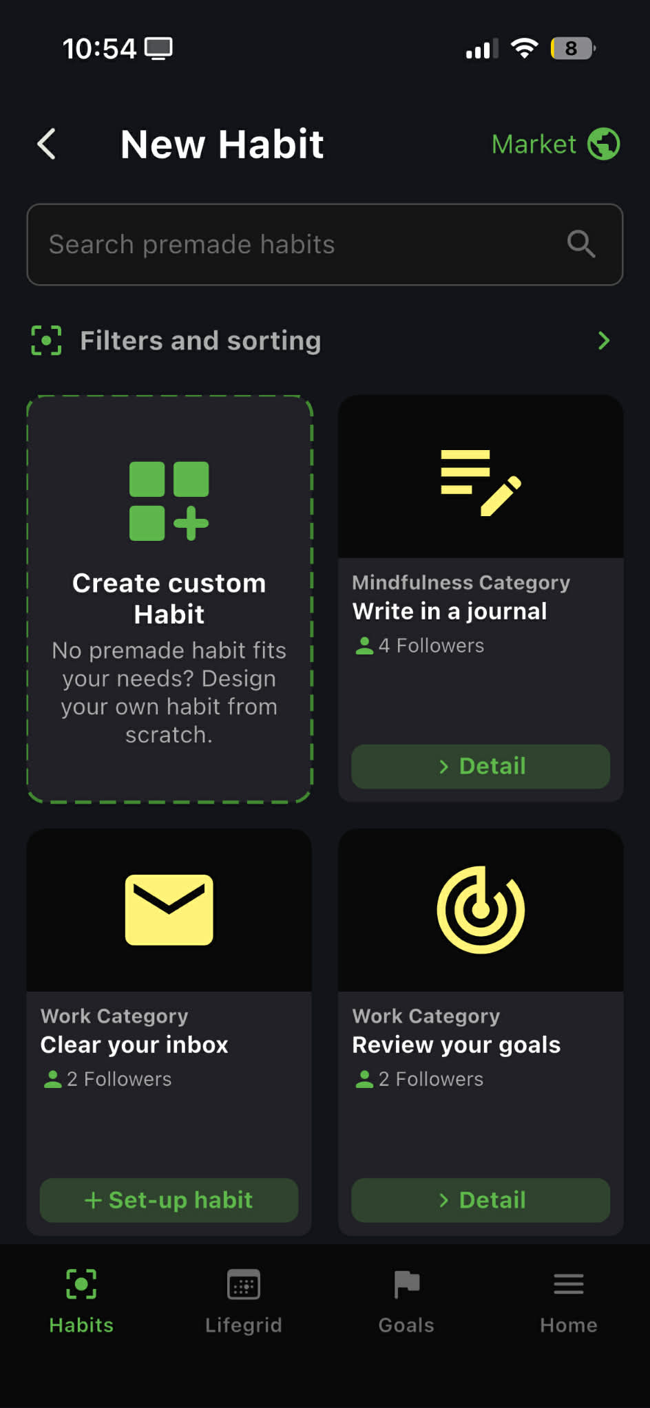 Premade habits library showing cards with banner images, names, and adopt buttons