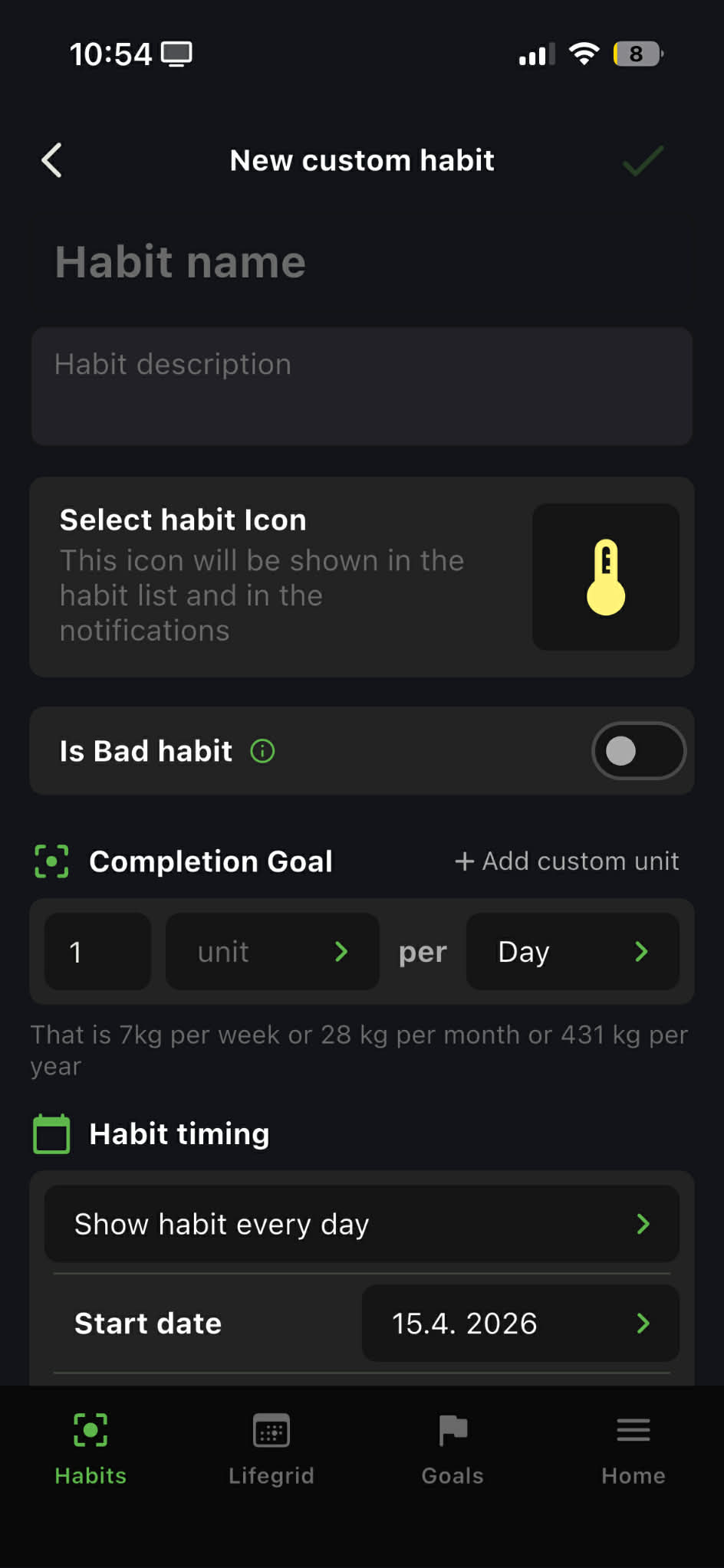 Habit creation form with fields for name, description, category, schedule, and unit