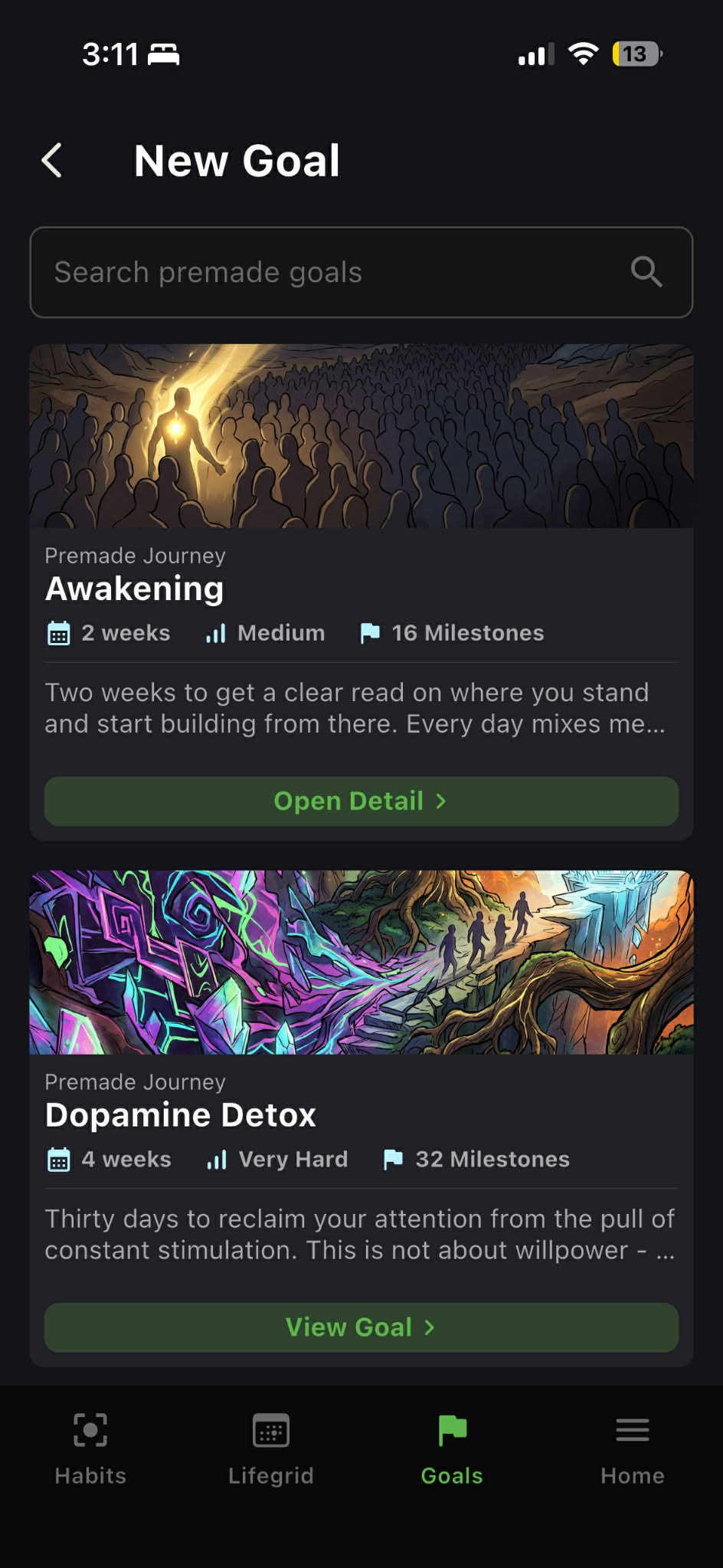 Premade goals catalog showing goal cards with themes, durations, and required habit counts