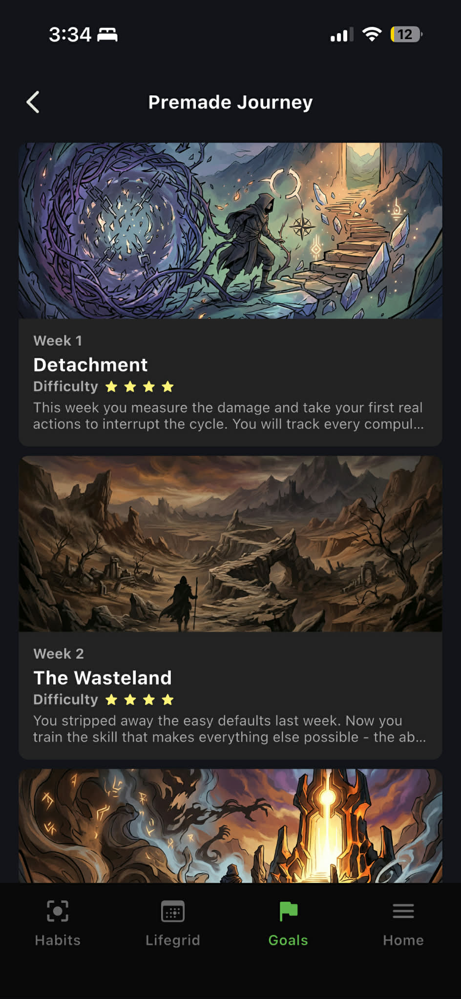 Goal detail page showing a tree of sub-goals with some unlocked and some locked behind progress