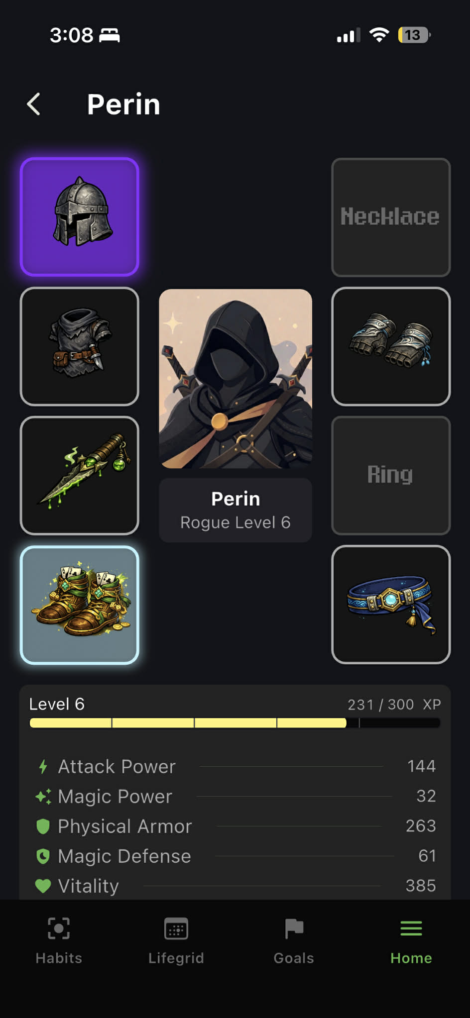 Player profile page showing the avatar's class portrait, level, equipment paper doll, and combat stats