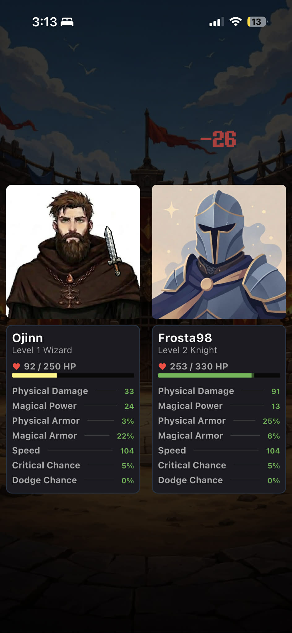 Arena PvP fight showing the avatar squared off against another player's avatar