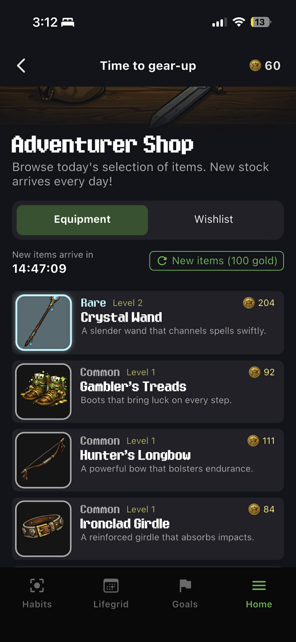 Shop page showing the day's eight items with rarities, levels, and prices
