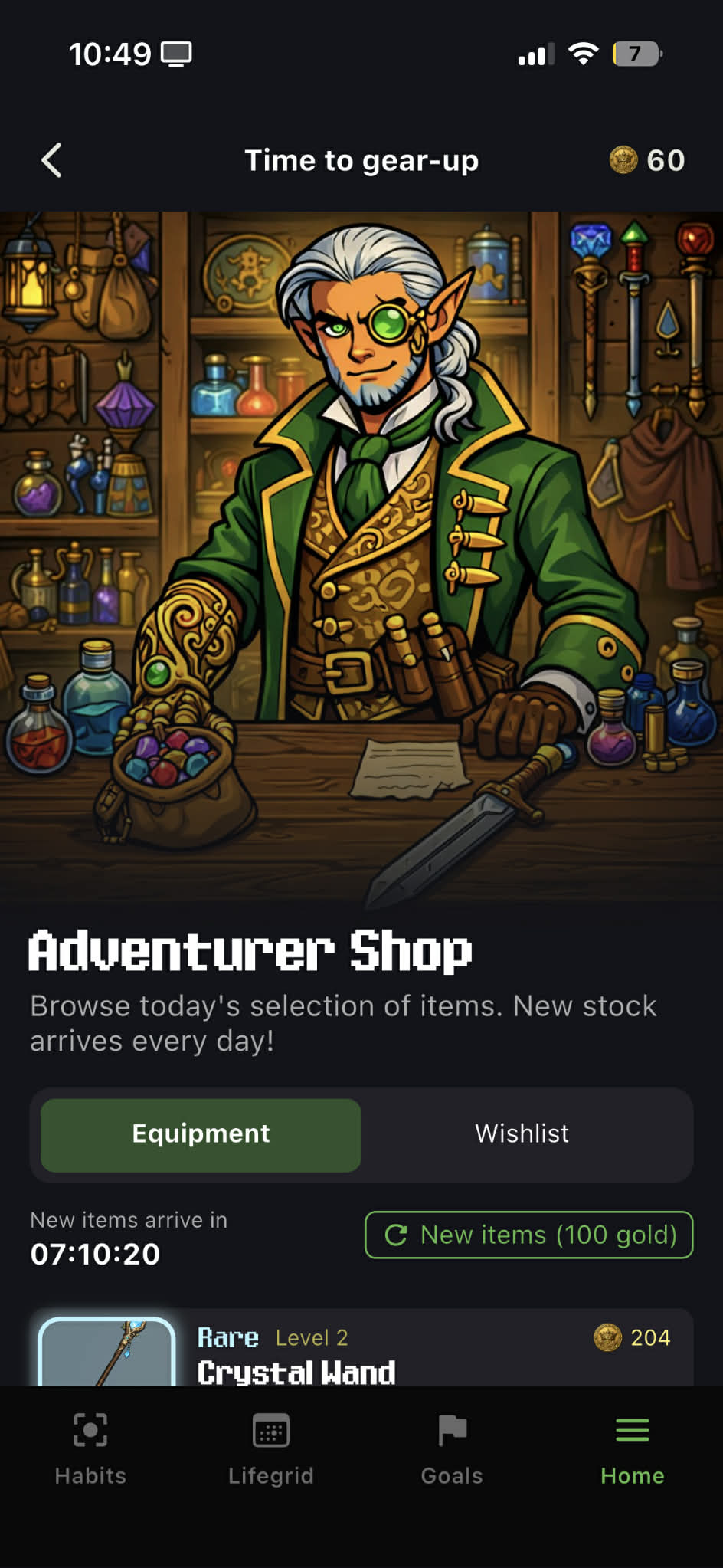 Shop page header showing Gideon the merchant and the day's refresh timer
